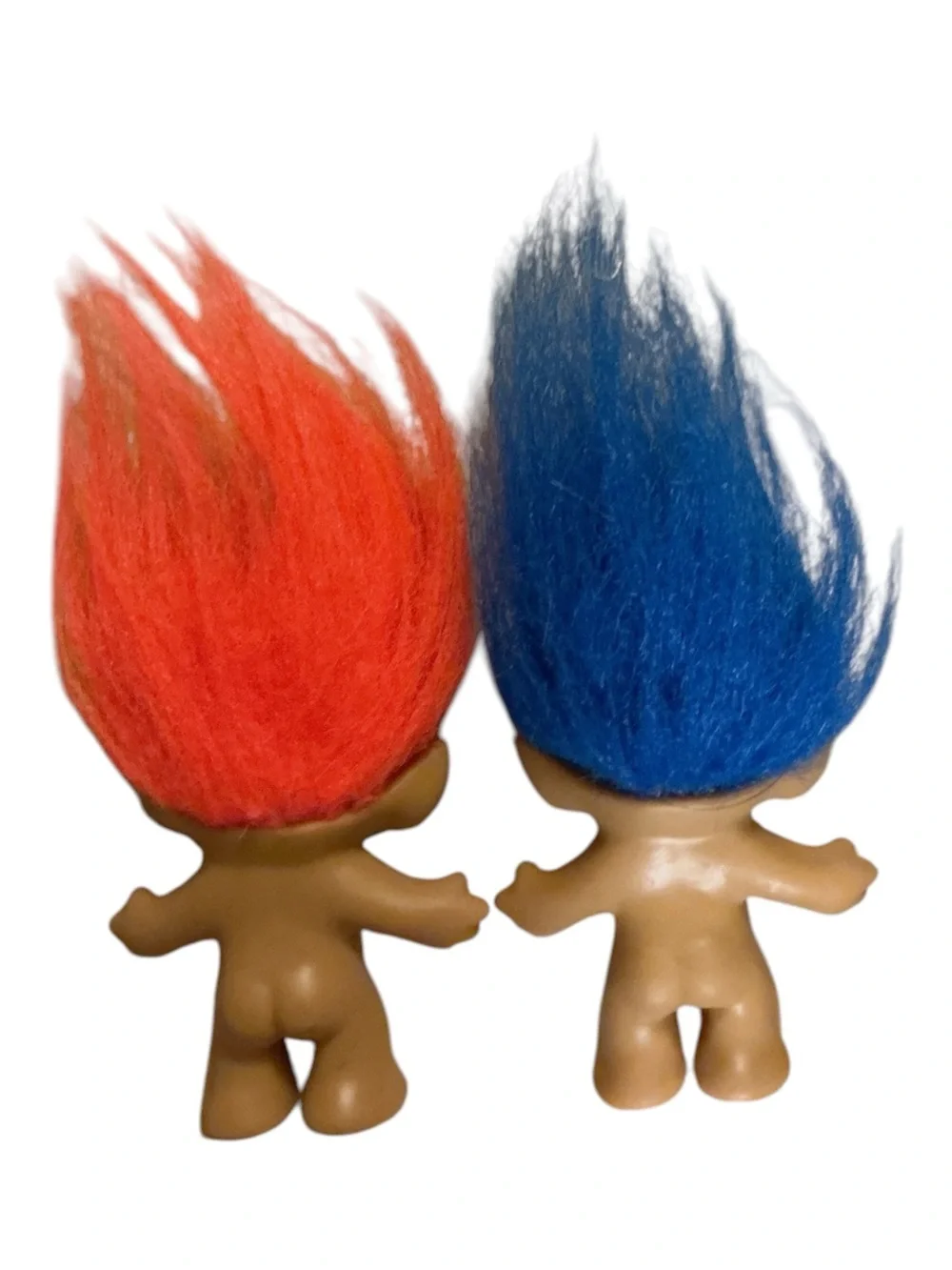 Retro-Inspired Troll Doll Pair with Red and Blue Hair
